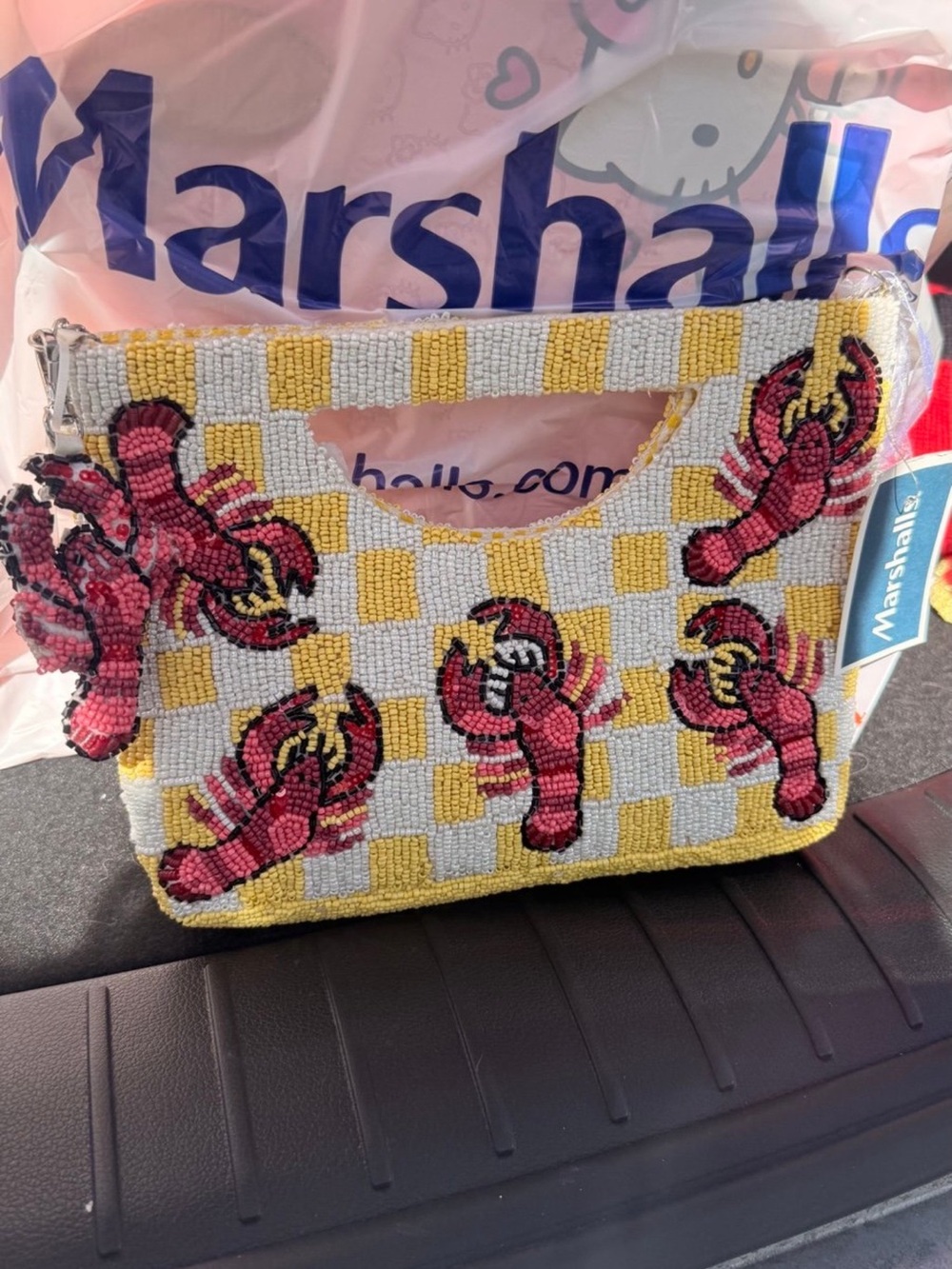Beaded Yellow & White Checkerboard Clutch with Pink Lobster Motif